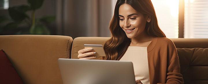 Woman holding her US AllianceVisa Secured Credit Card while shopping online.