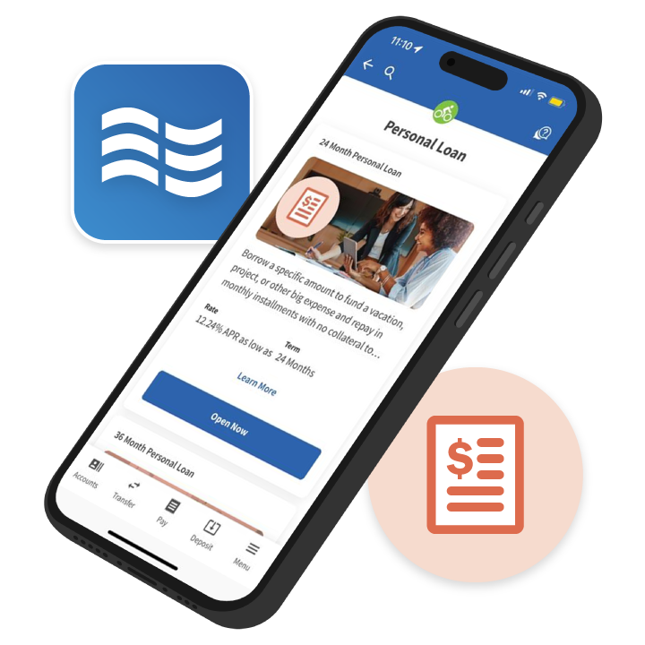 Smartphone showing the US Alliancedigital banking loan application interface with various loan options.